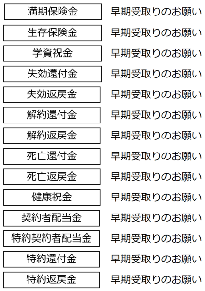 満期保険金 早期受取りのお願い、生存保険金 早期受取りのお願い、学資祝金 早期受取りのお願い、失効還付金 早期受取りのお願い、失効返戻金 早期受取りのお願い、解約還付金 早期受取りのお願い、解約返戻金 早期受取りのお願い、死亡還付金 早期受取りのお願い、死亡返戻金 早期受取りのお願い、健康祝金 早期受取りのお願い、契約者配当金 早期受取りのお願い、特約契約者配当金 早期受取りのお願い、特約還付金 早期受取りのお願い、特約返戻金 早期受取りのお願い