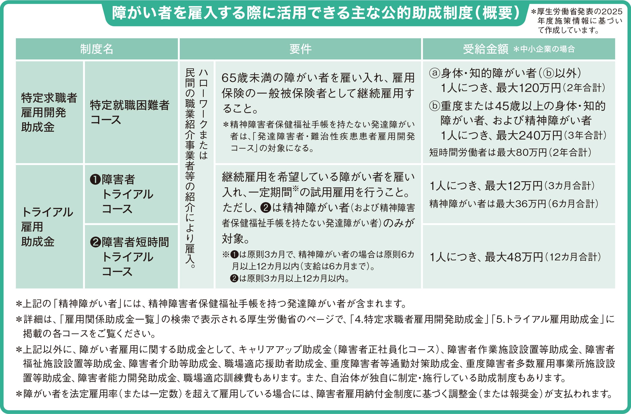 障がい者を雇入する際に活用できる主な公的助成制度（概要）