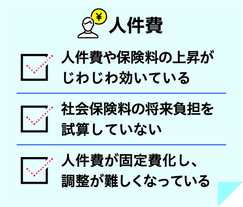 人件費 人件費や保険料の上昇がじわじわ効いている 社会保険料の将来負担を試算していない 人件費が固定費化し、調整が難しくなっている