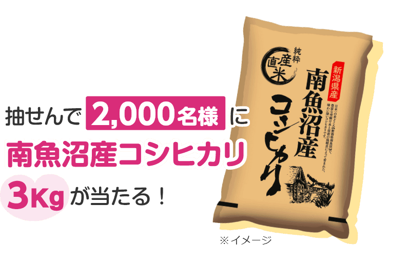 抽せんで2,000名様に南魚沼産コシヒカリ3kgが当たる！