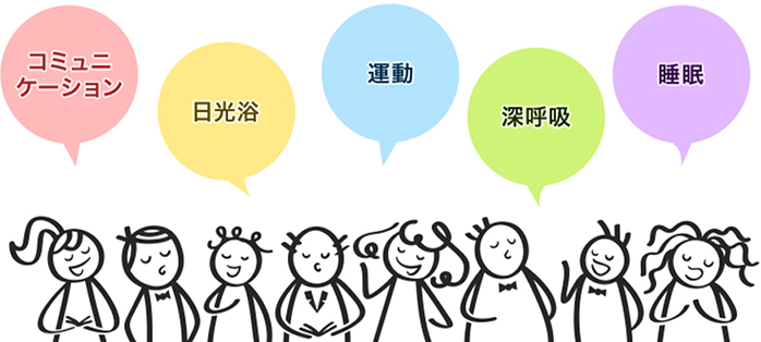 コミュニケーション 日光浴 運動 深呼吸 睡眠
