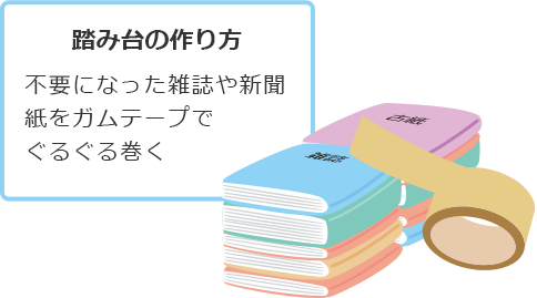 踏み台の作り方 不要になった雑誌や新聞紙をガムテープでぐるぐる巻く