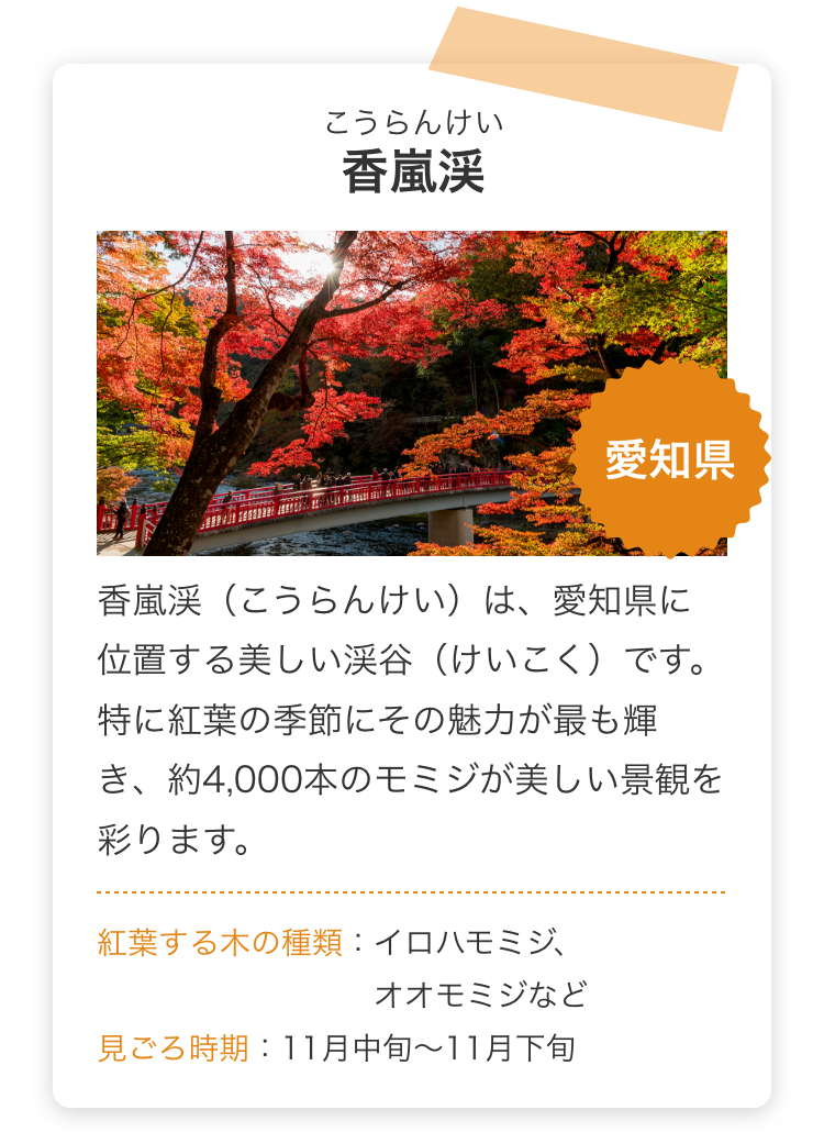 愛知県 香嵐渓（こうらんけい） 香嵐渓（こうらんけい）は、愛知県に位置する美しい渓谷（けいこく）です。特に紅葉の季節にその魅力が最も輝き、約4,000本のモミジが美しい景観を彩ります。紅葉する木の種類：イロハモミジ、オオモミジなど 見ごろ時期：11月中旬～11月下旬