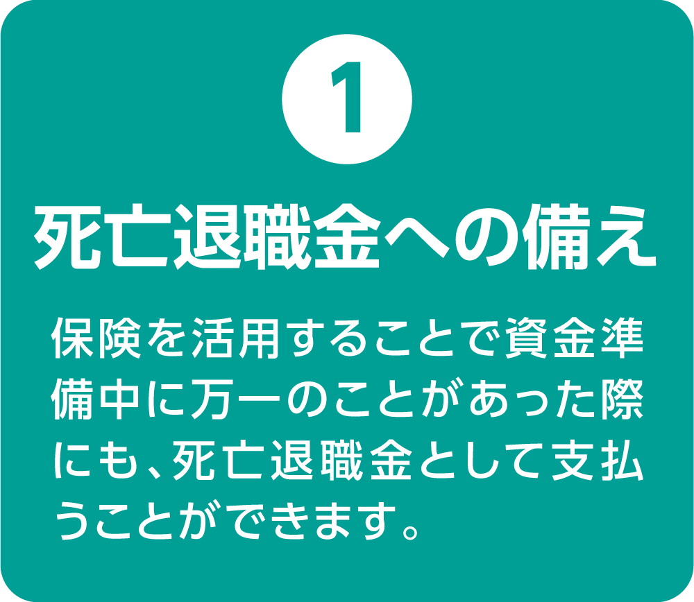 ①死亡退職金への備え 保険を活用することで資金準備中に万一のことがあった際にも、死亡退職金として支払うことができます。