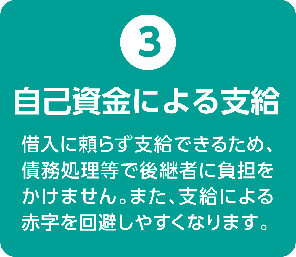 ③自己資金による支給 借入に頼らず支給できるため、債務処理等で後継者に負担をかけません。また、支給による赤字を回避しやすくなります。