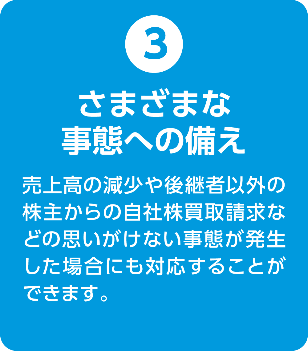③さまざまな事態への備え 売上高の減少や後継者以外の株主からの自社株買取請求などの思いがけない事態が発生した場合にも対応することができます。