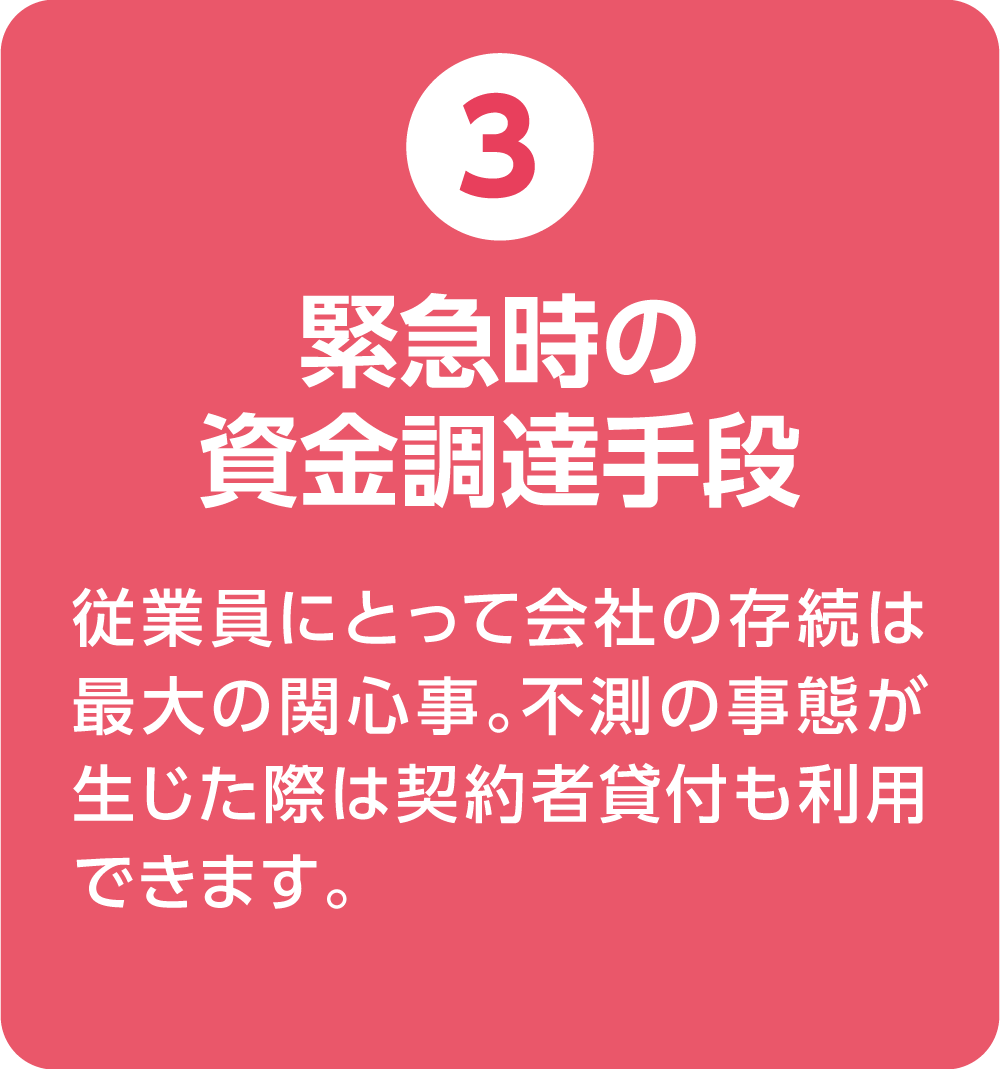 ③緊急時の資金調達手段 従業員にとって会社の存続は最大の関心事。不測の事態が生じた際は契約者貸付も利用できます。