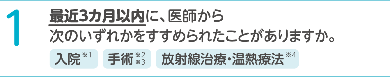 1 最近３か月以内に、医師から以下のいずれかをすすめられたことがありますか。 ＜入院※1、手術※2※3、放射線治療・温熱療法＞