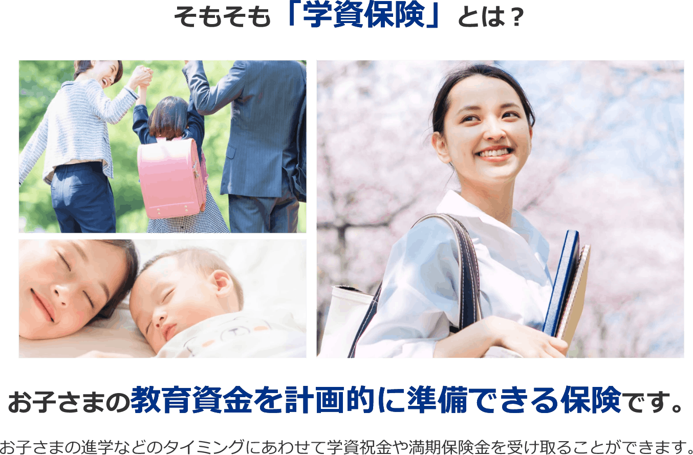 そもそも「学資保険」とは？ お子さまの教育資金を計画的に準備できる保険です。 お子さまの進学などのタイミングにあわせて学資祝金や満期保険金を受け取ることができます。