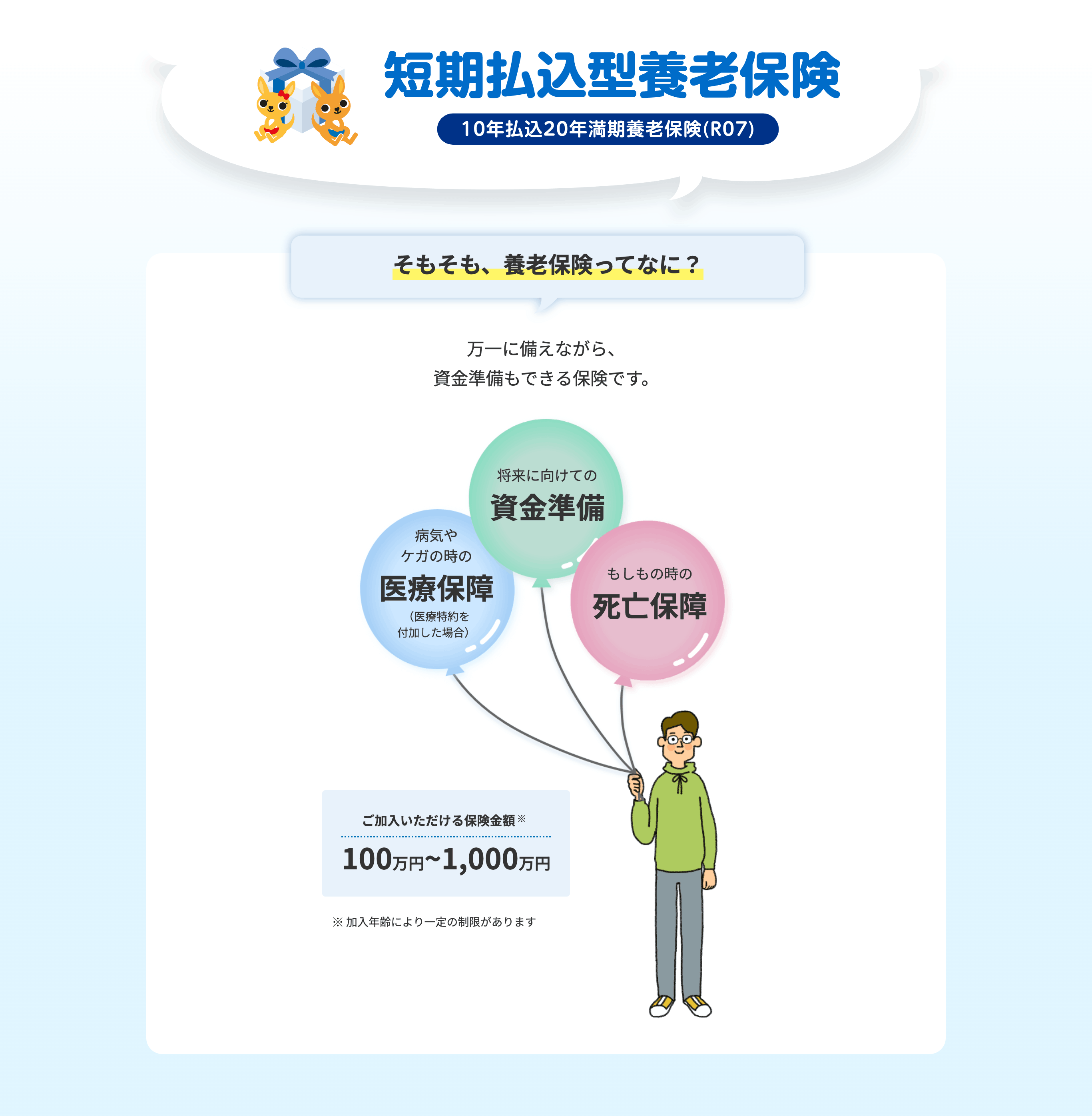 短期払込型養老保険 10年払込20年満期養老保険(R07) そもそも、養老保険ってなに？ 万一に備えながら、資金準備もできる保険です。 ・将来に向けての資金準備 ・病気やケガの時の医療保障(医療特約を付加した場合) ・もしもの時の死亡保障 | ご加入いただける保険金額※加入年齢により一定の制限があります 100万円～1,000万円