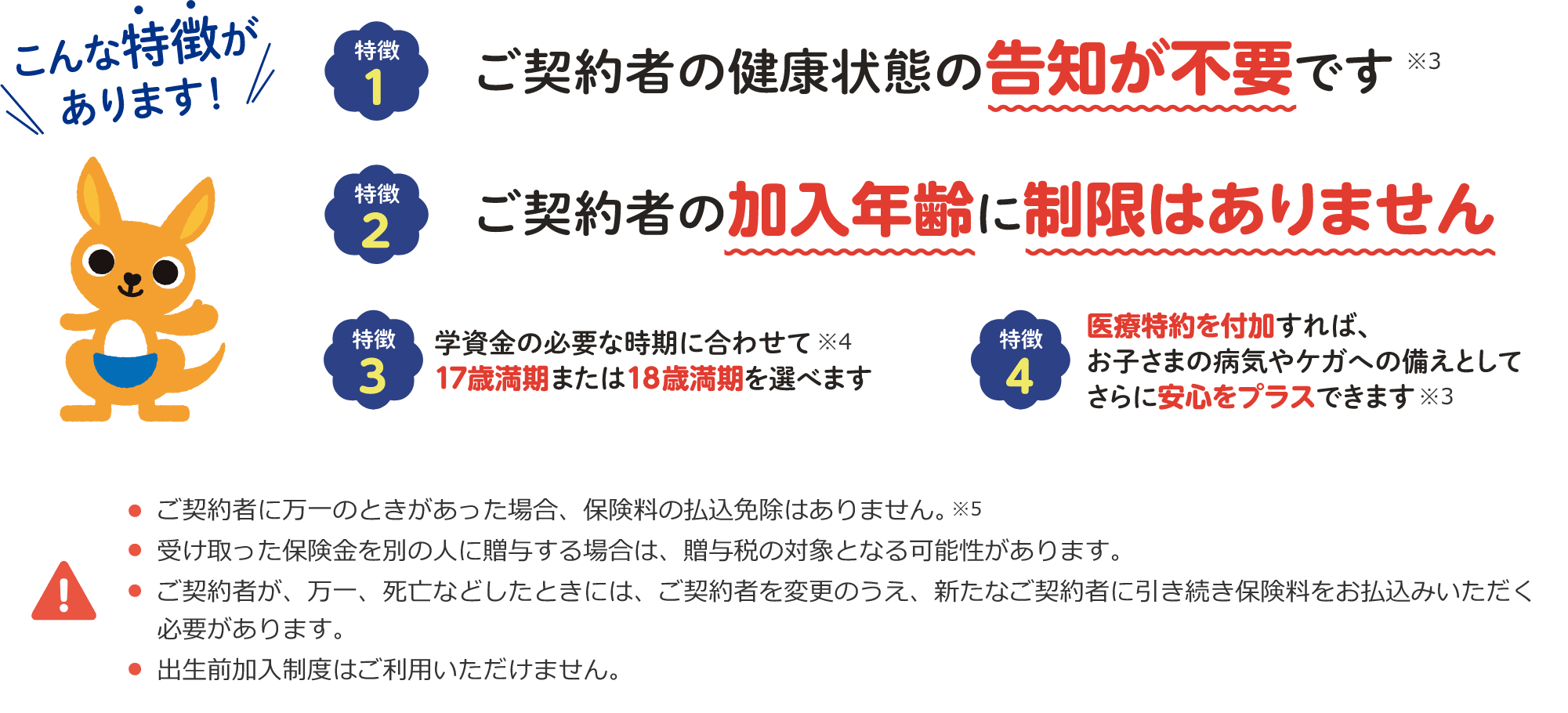 特徴１ ご契約者の健康状態の告知が不要です※3 特徴2 ご契約者の加入年齢に制限はありません 特徴3 学資金の必要な時期に合わせて17歳満期または18歳満期を選べます※4 特徴4 医療特約を付与すれば、お子さまの病気やケガへの備えとしてさらに安心をプラスできます※3 ・ご契約者に万一のときがあった場合、保険料の払込免除はありません。※5 ・受け取った保険金を別の人に贈与する場合は、贈与税の対象となる可能性があります。 ・ご契約者が、万一、死亡などしたときには、ご契約者を変更のうえ、新たなご契約者に引き続き保険料をお払込みいただく必要があります。 ・出生前加入制度はご利用いただけません。