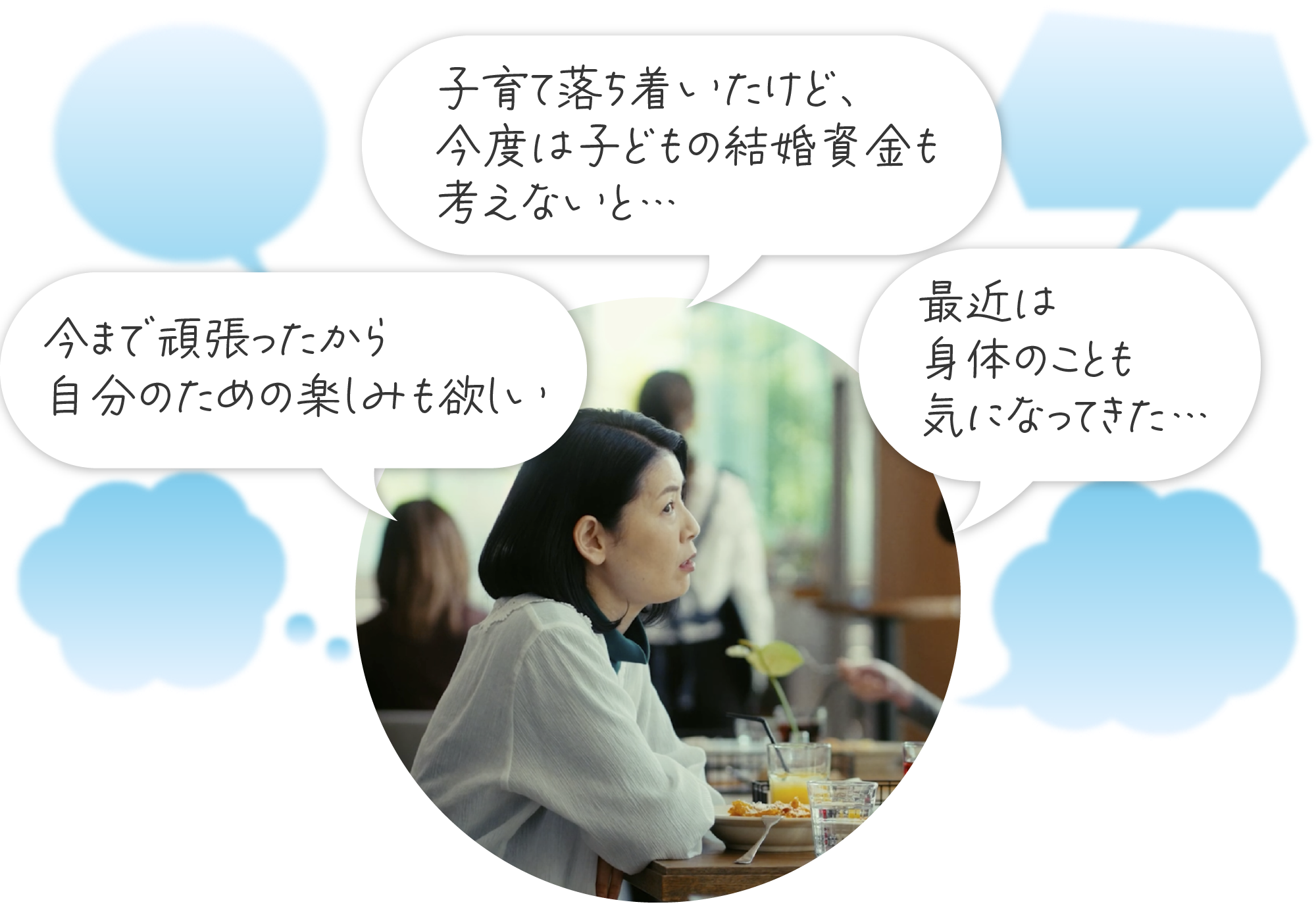 今まで頑張ったから自分のための楽しみも欲しい 子育て落ち着いたけど、今度は子どもの結婚資金も考えないと… 最近は身体のことも気になってきた…